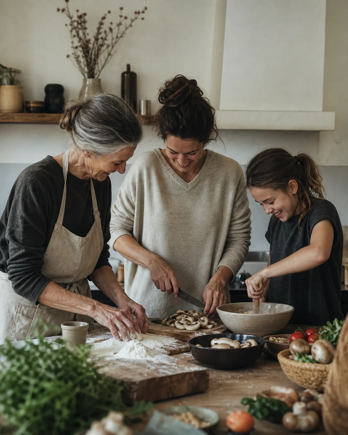 Trois générations préparent un repas ensemble