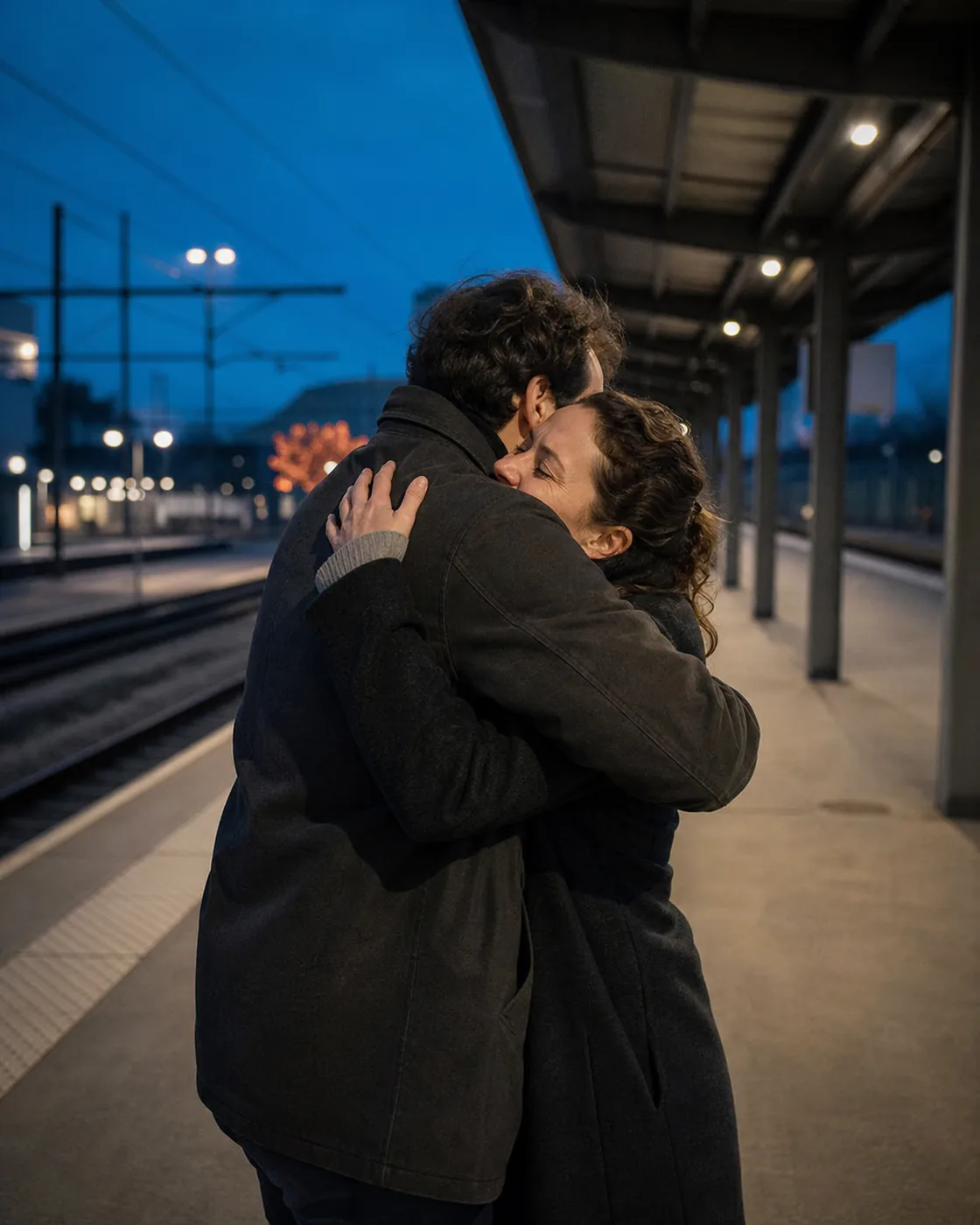 Deux proches se retrouvent sur un quai de gare