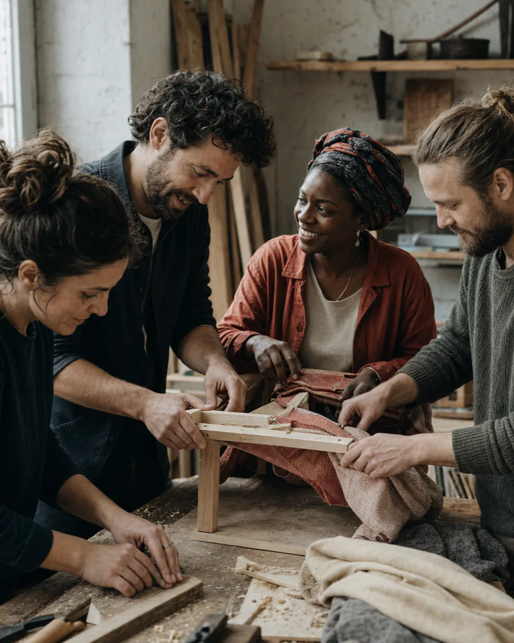 Quatre amis construisent un objet ensemble